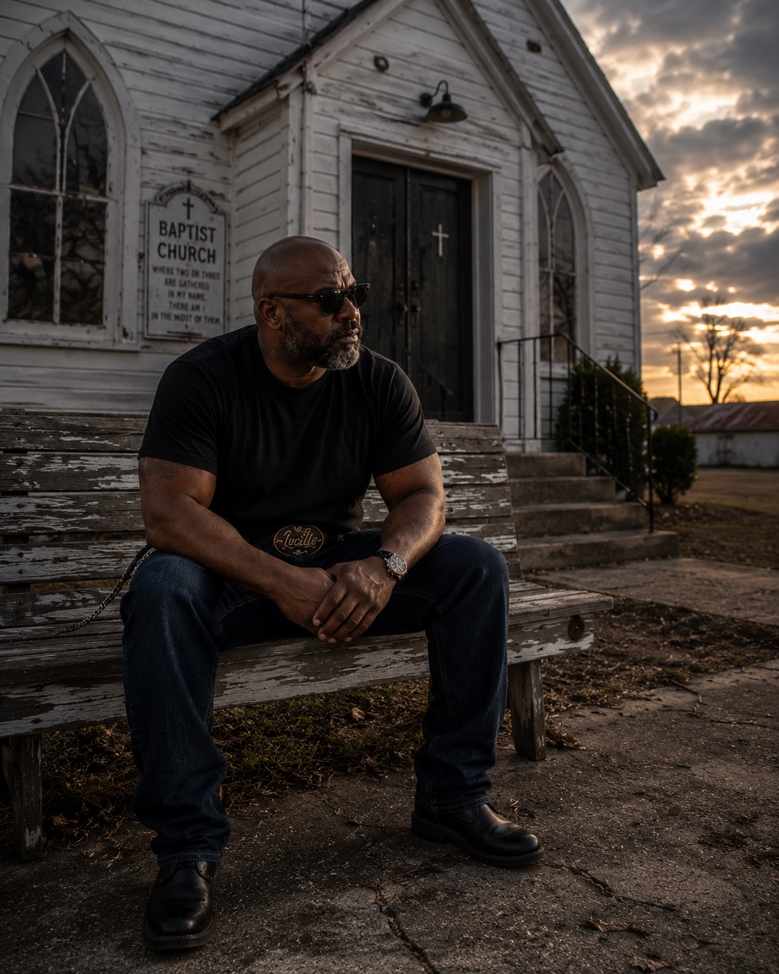 Big Curtis Lane seated outside an old church