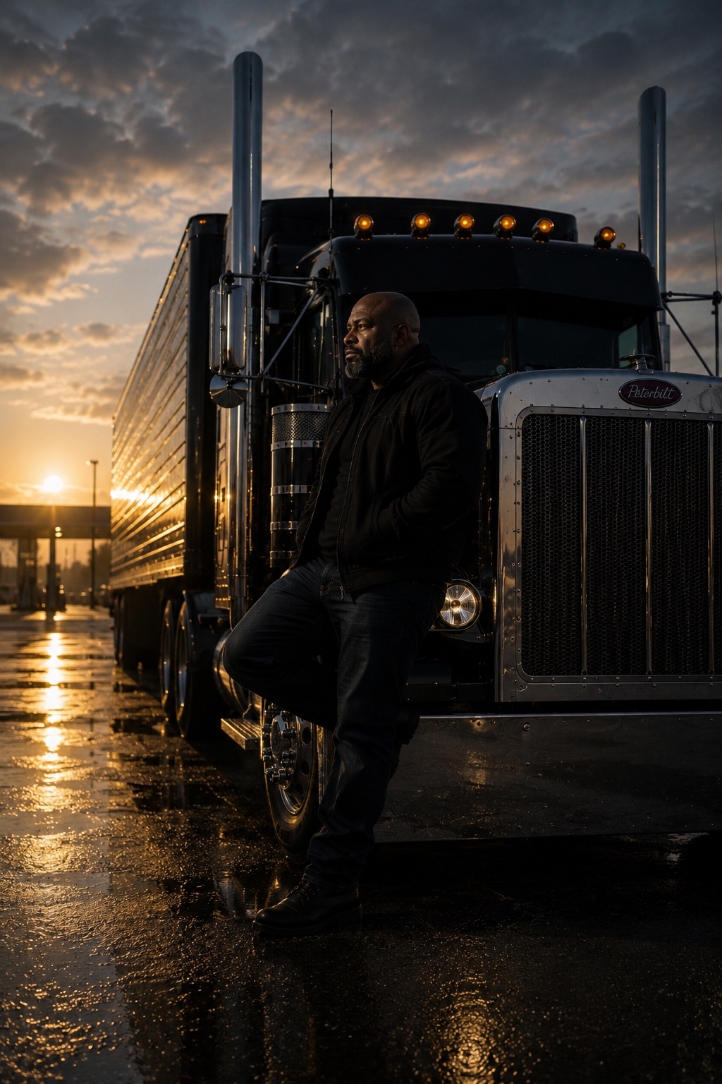 Big Curtis Lane leaning against Lucille at sunrise