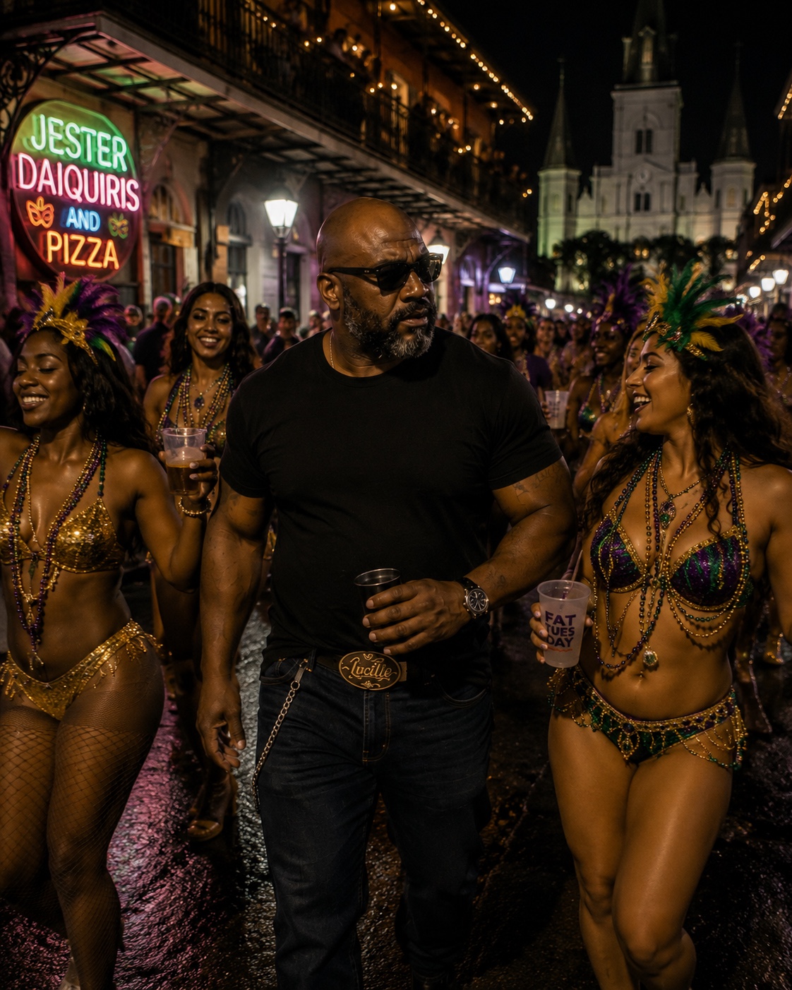 Big Curtis Lane walking through New Orleans during Mardi Gras