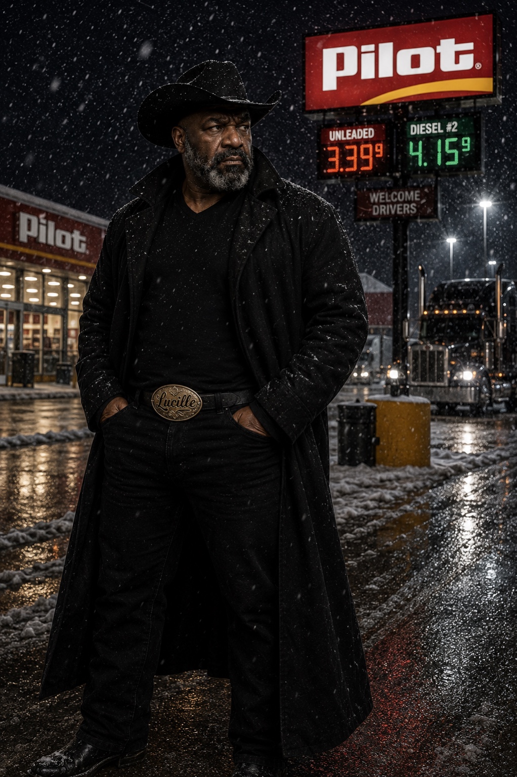 Big Curtis at Pilot during a snowstorm