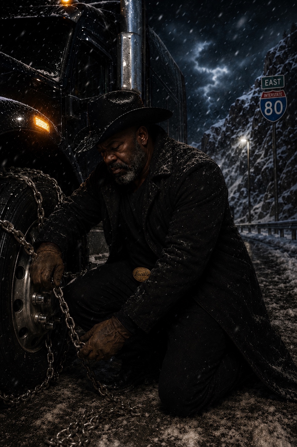 Big Curtis Lane fitting snow chains on Interstate 80