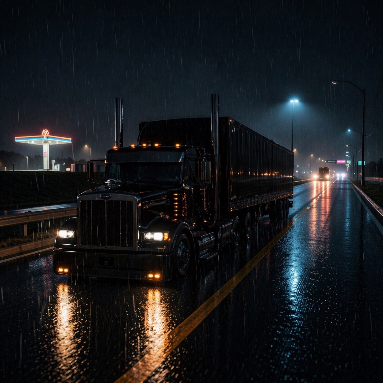Lucille rolling along a rain-soaked highway