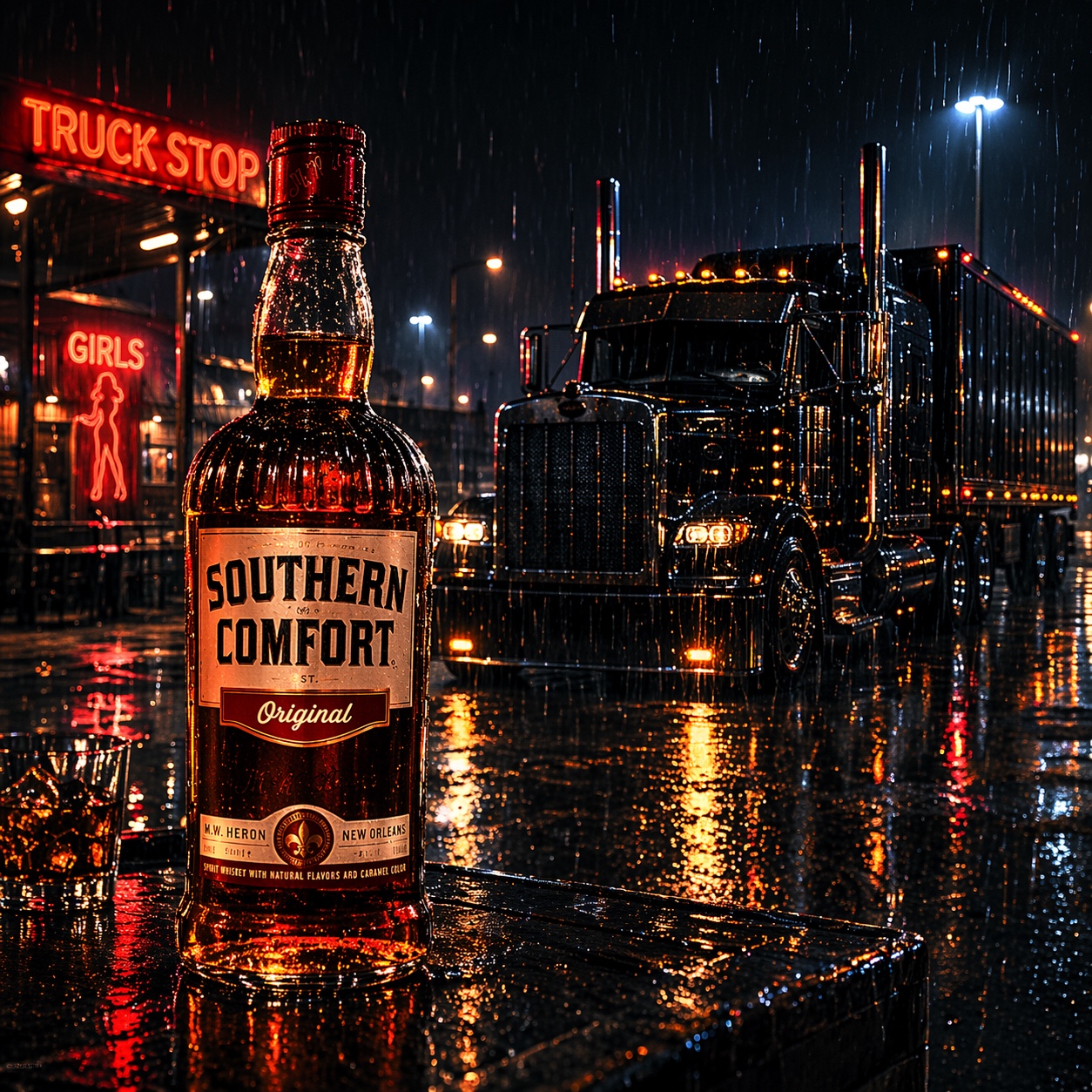 Southern Comfort and Lucille in the rain